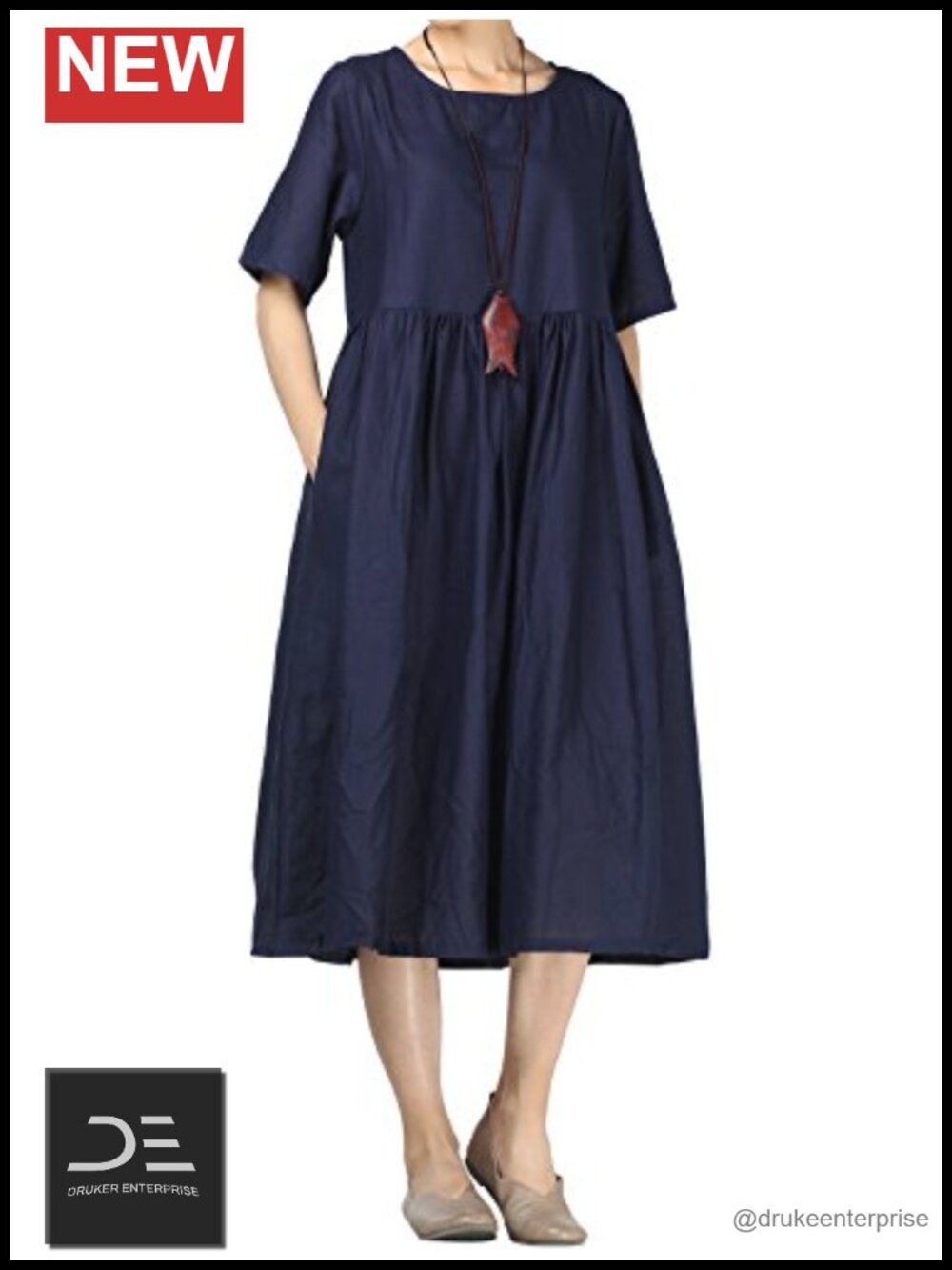 Linen Cotton Midi Dress Short Sleeve High Waist Pockets Casual Summer